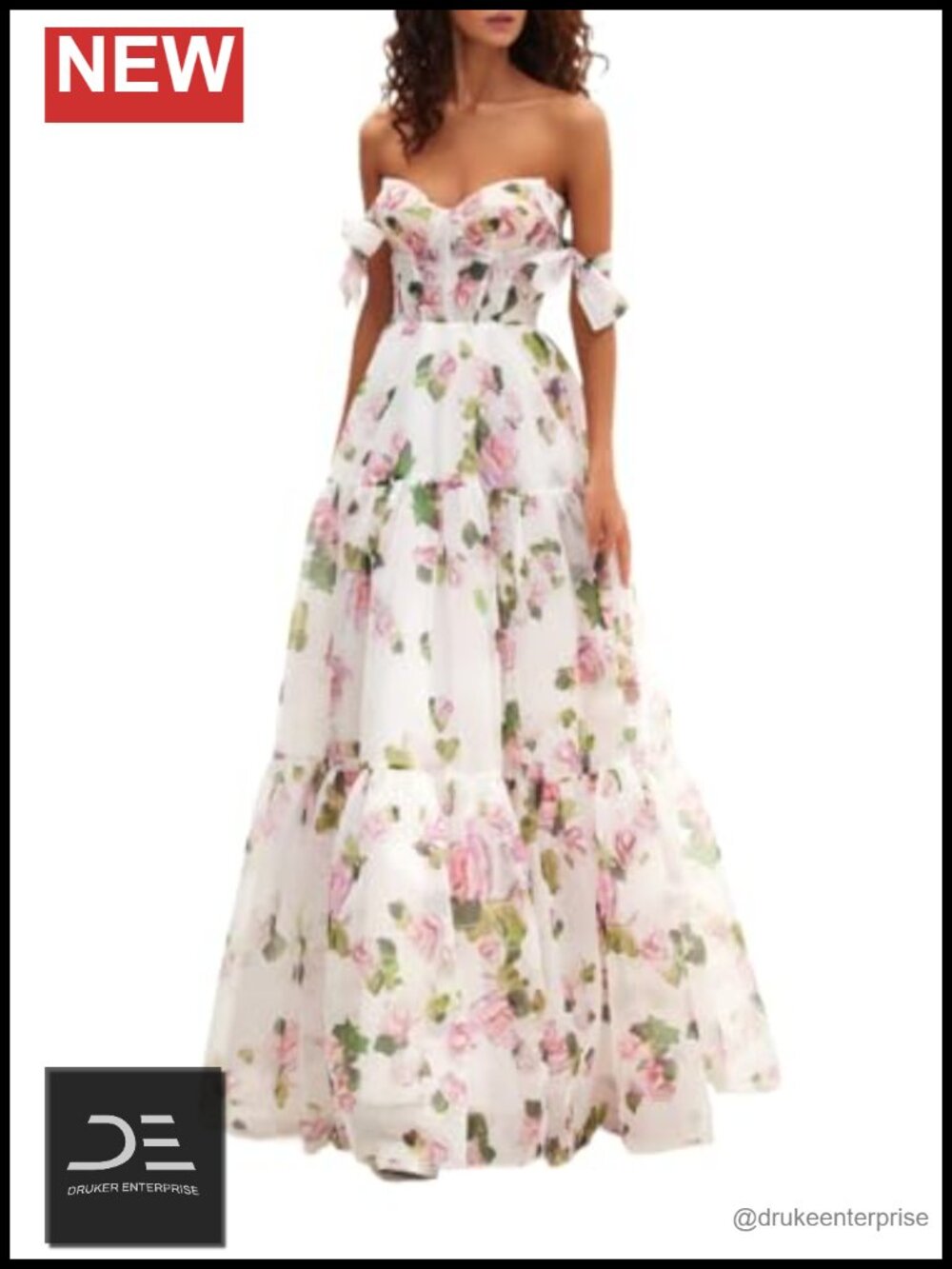 Floral Drop Shoulder Drawstring A-Line French Beach Wedding Midi Dress